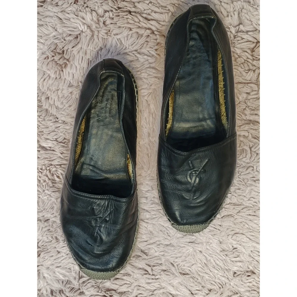 Saint Laurent Black Leather YSL Logo Espadrilles Flats‎ Slip On Shoes